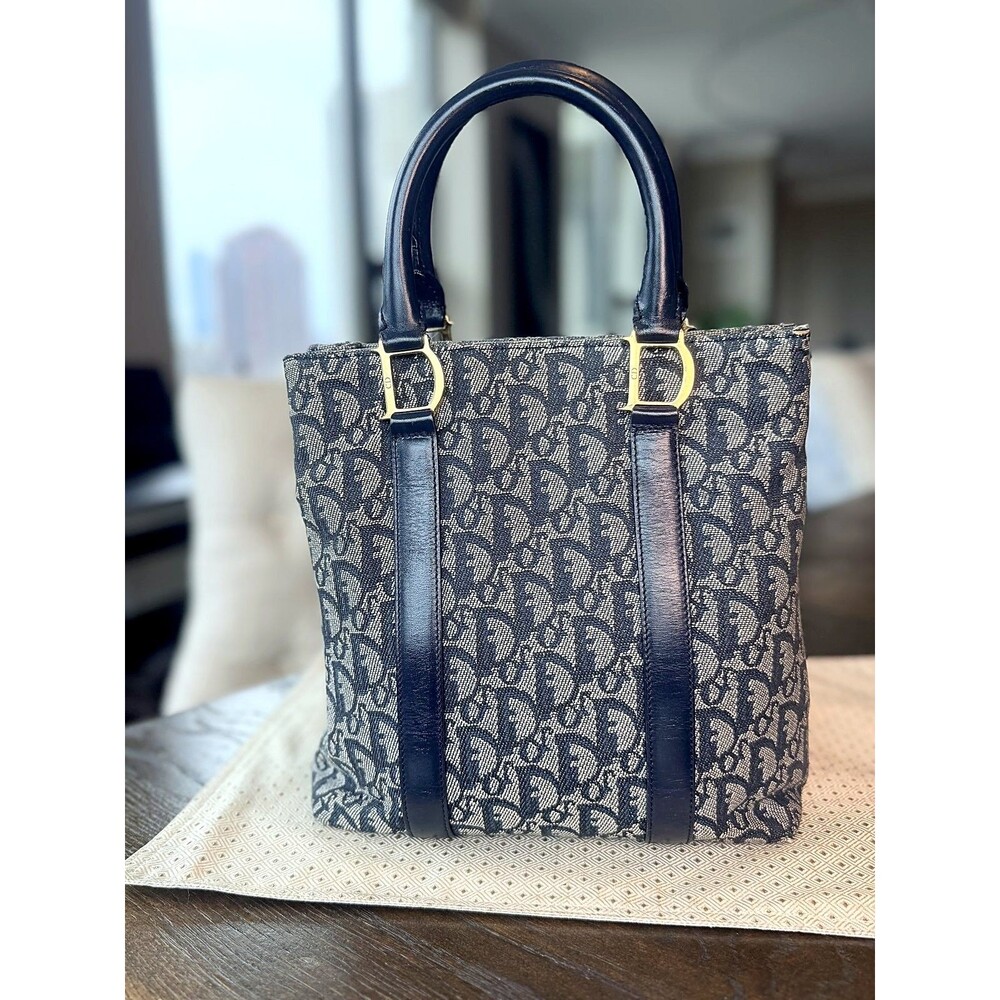 Authentic Christian Dior Navy Monogram Canvas Crossbody Tote Bag Gold Hardware